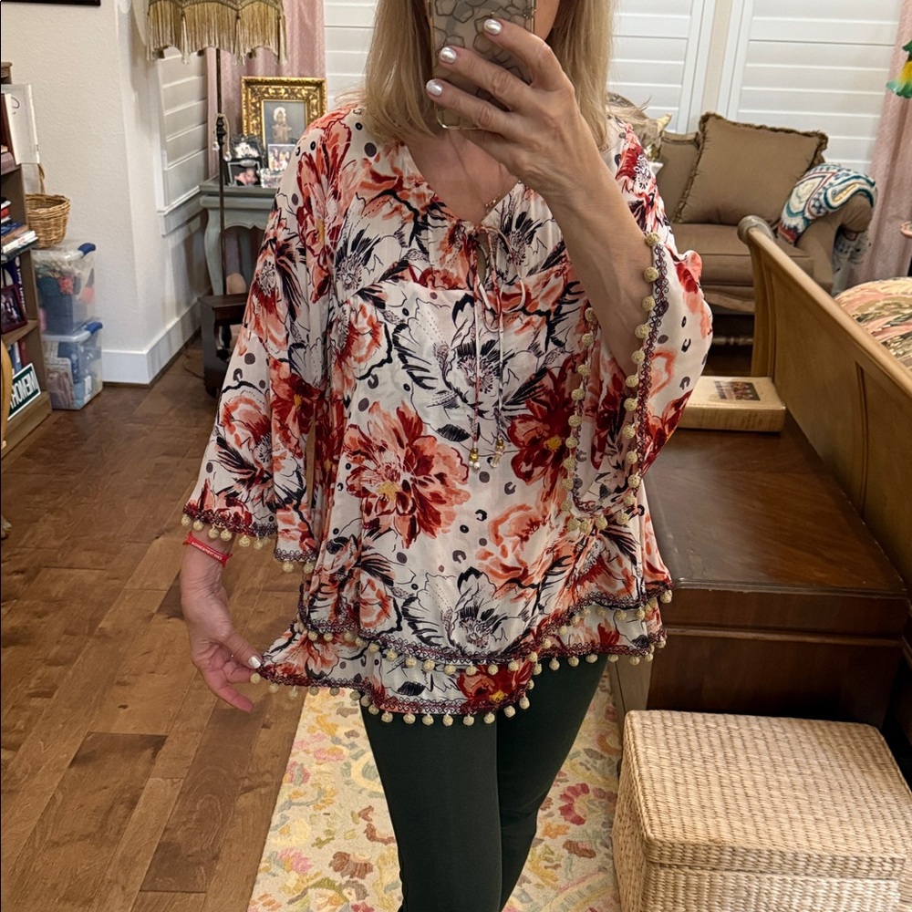 Soft Surroundings Red and Cream Floral Blouse -enhanced with pom-poms galore!